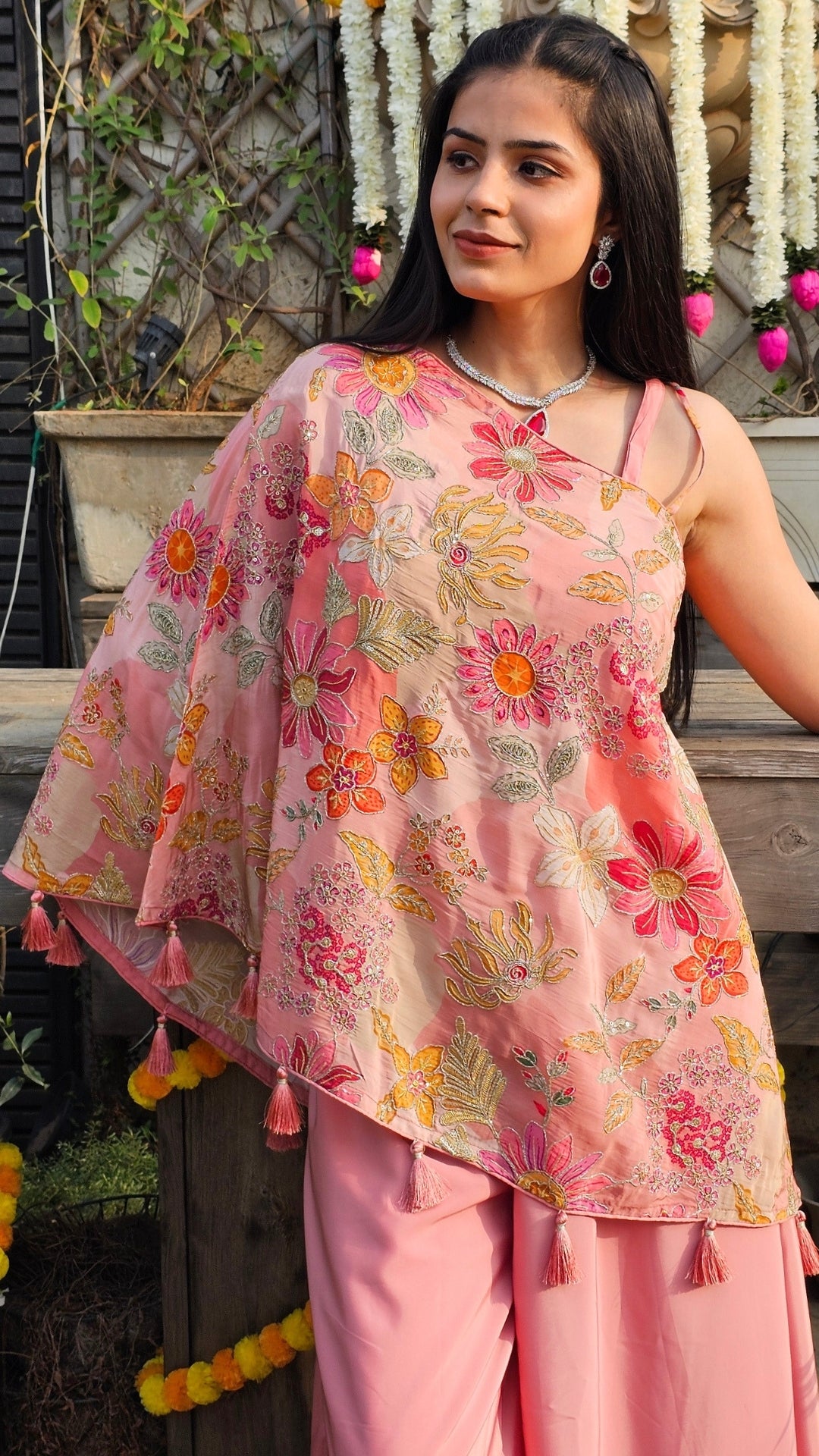 Pink Crepe Indo-Western with Zari, Sequin & Hand Print