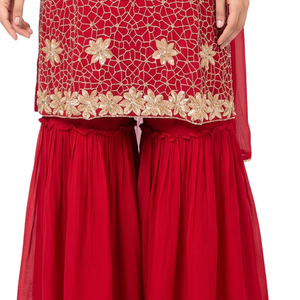 Red Chinon Fabric Hand work Sequins