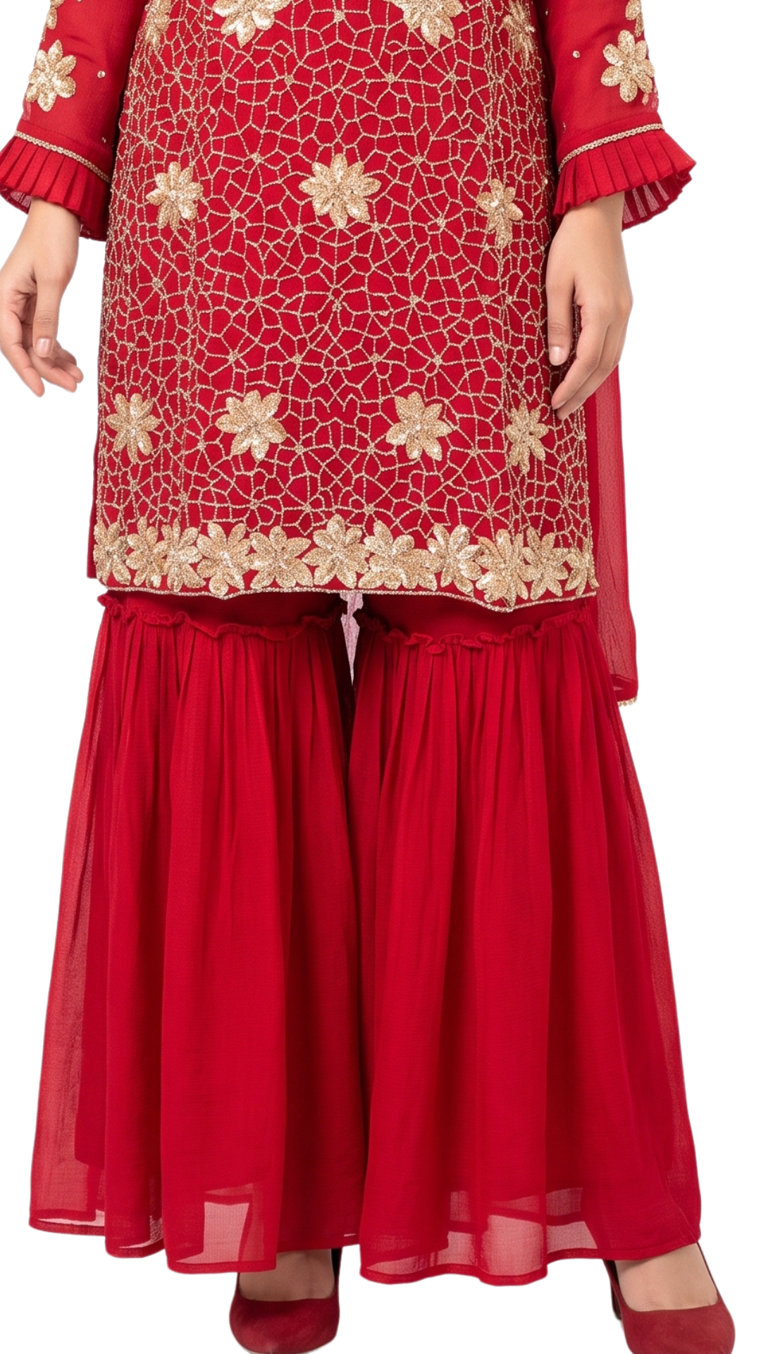 Red Chinon Fabric Hand work Sequins