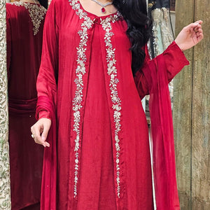 Maroon Chinon Indowestern Top,Bottom,Cape and Dupatta with Pearl,Sequins and Dabka Work