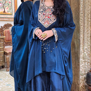 Blue Silk Indowestern Kaaftan and Bottom with Resham Thread and Dabka Work