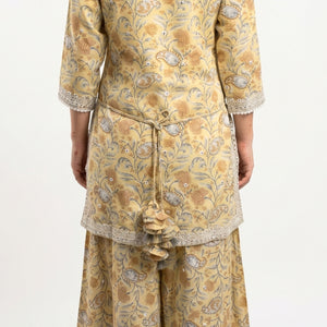 Yellow Digital Printed Cotton Suit With Thread & Patti Work