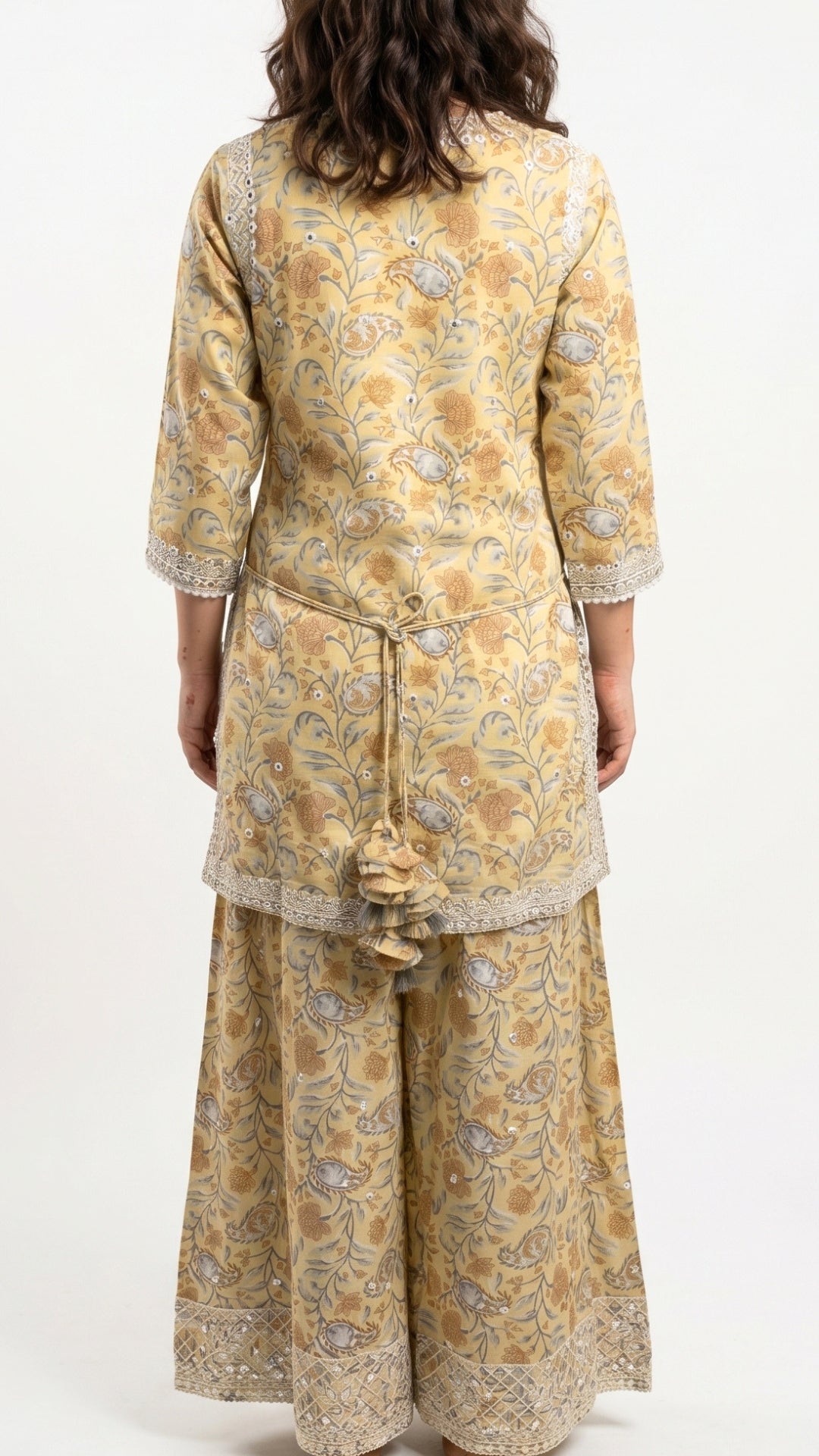 Yellow Digital Printed Cotton Suit With Thread & Patti Work