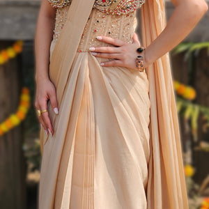 Beige Chinon Drape Saree with Kundan & Cutdana Work