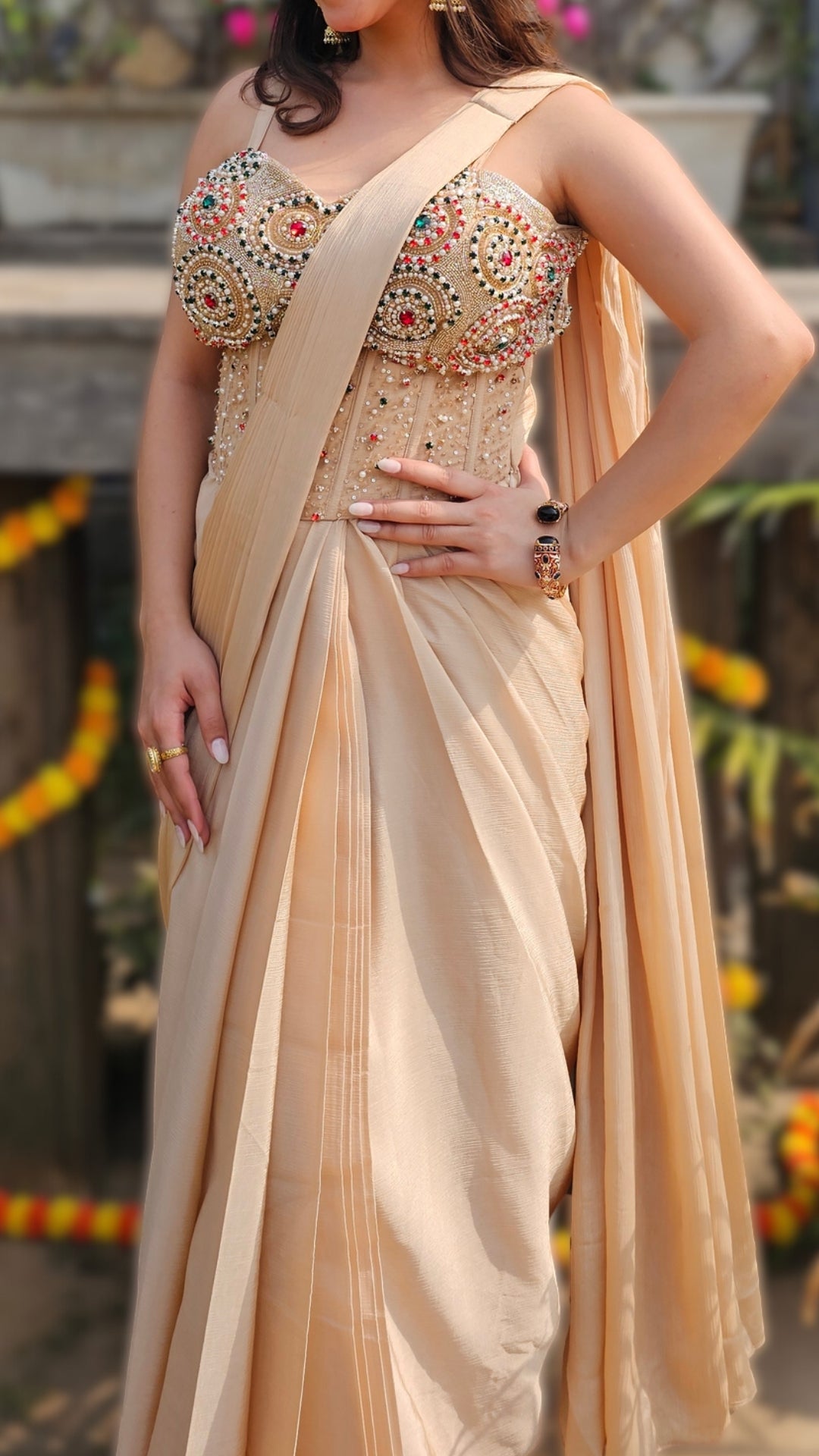Beige Chinon Drape Saree with Kundan & Cutdana Work