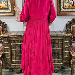 Pink Silk Indowestern Embroidered Jacket with Georgette Top and Bottom