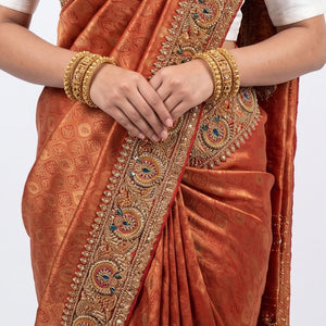 Orange Banarasi Silk Unstitched Saree with Dupatta Embellished with Moti & Zari Work