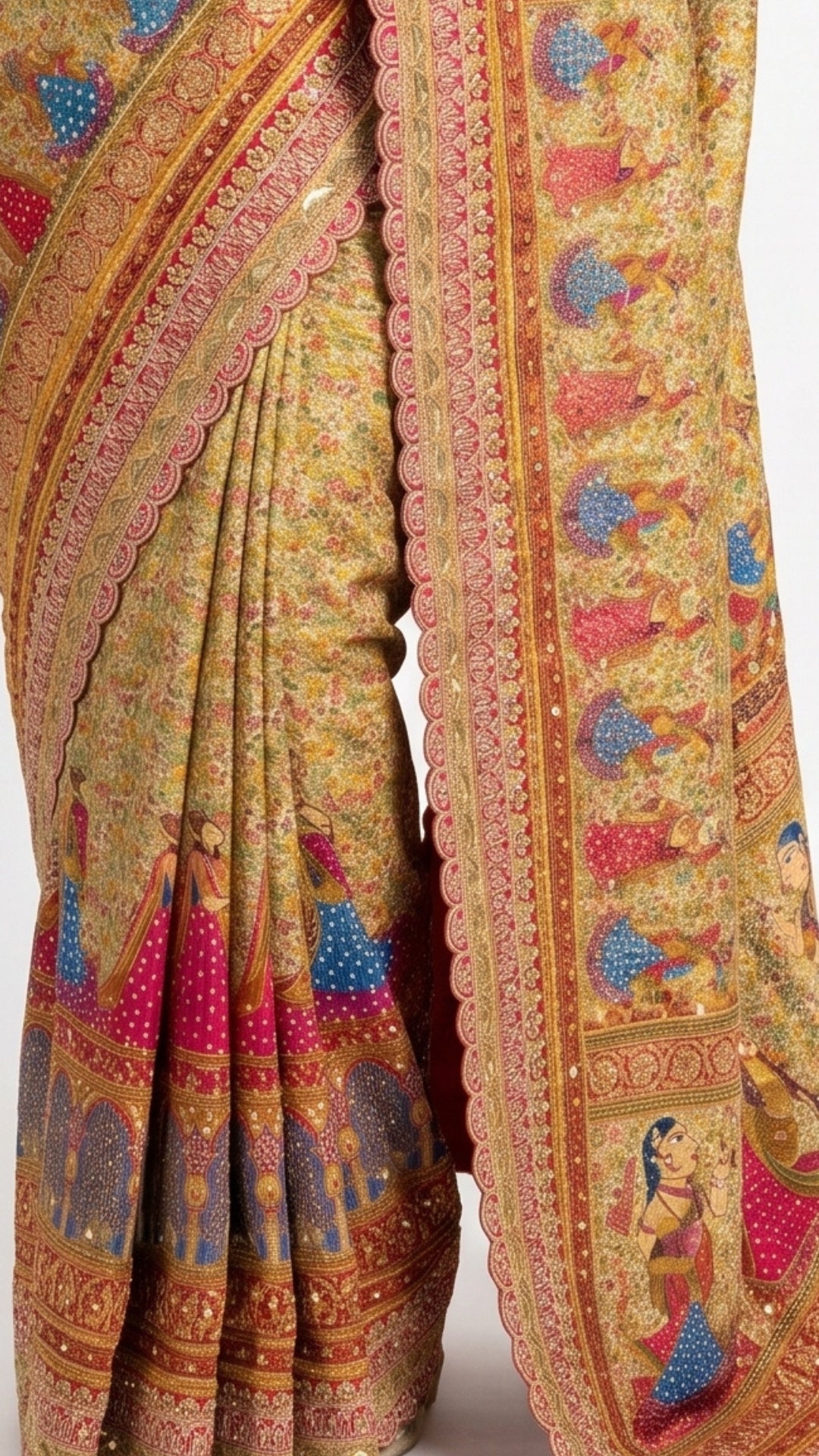 Champagne Gold Tissue Silk Saree with Mirror & Kundan Work