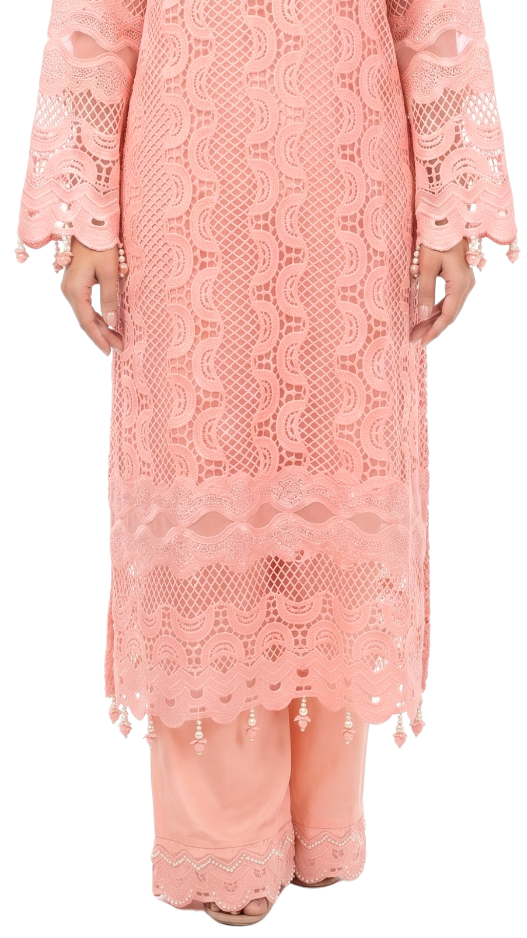Pink Muslin Cutwork lace and  Pearl Sequins