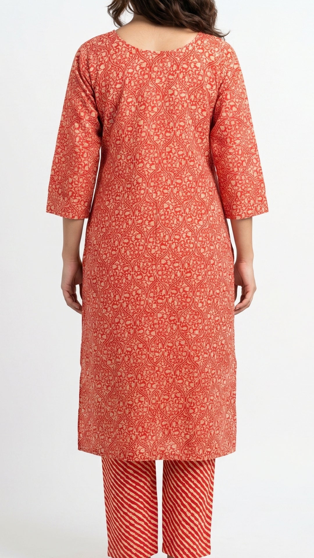 Red Muslin Block & Gold Print Suit with Dabka, Cutdana, Moti & Gota Patti Detailing