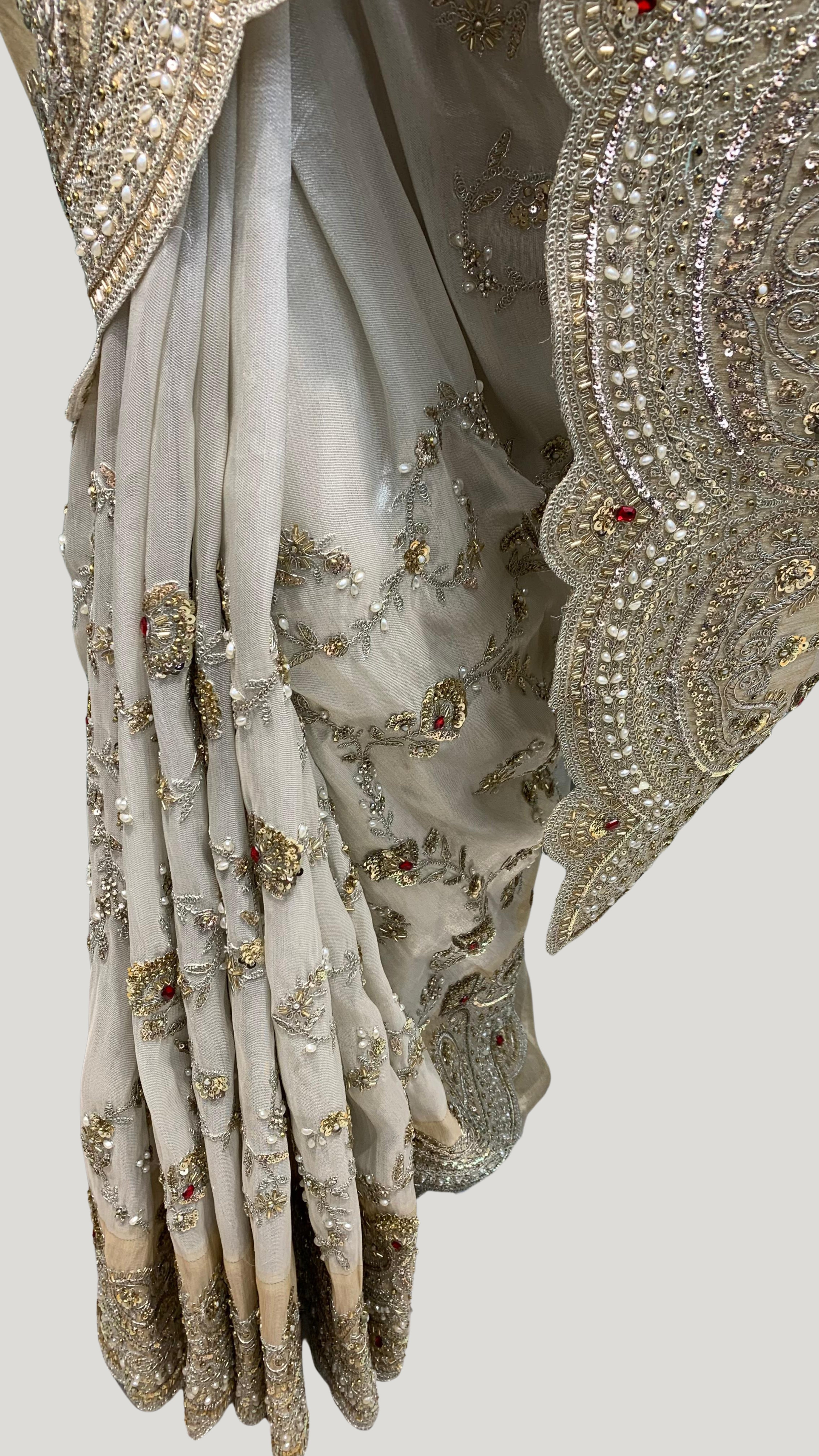 Golden Ivory Tissue Saree with Zari, Cutdana & Sequins Work
