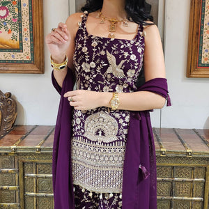 Purple Georgette Indowestern Top and Bottom with Resham,Cutdana, Pearl and Sequins Work and Dupatta