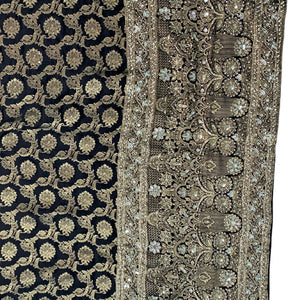 Black Satin Silk Banarasi Unstitched Saree with Dabka, Mirror & Cut Dana Work