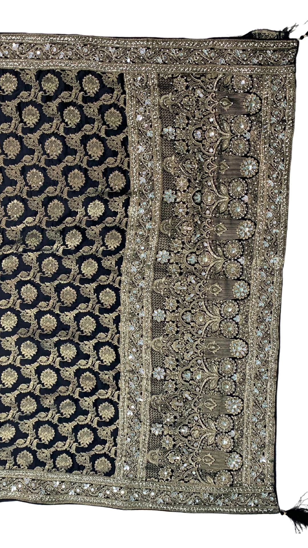 Black Satin Silk Banarasi Unstitched Saree with Dabka, Mirror & Cut Dana Work