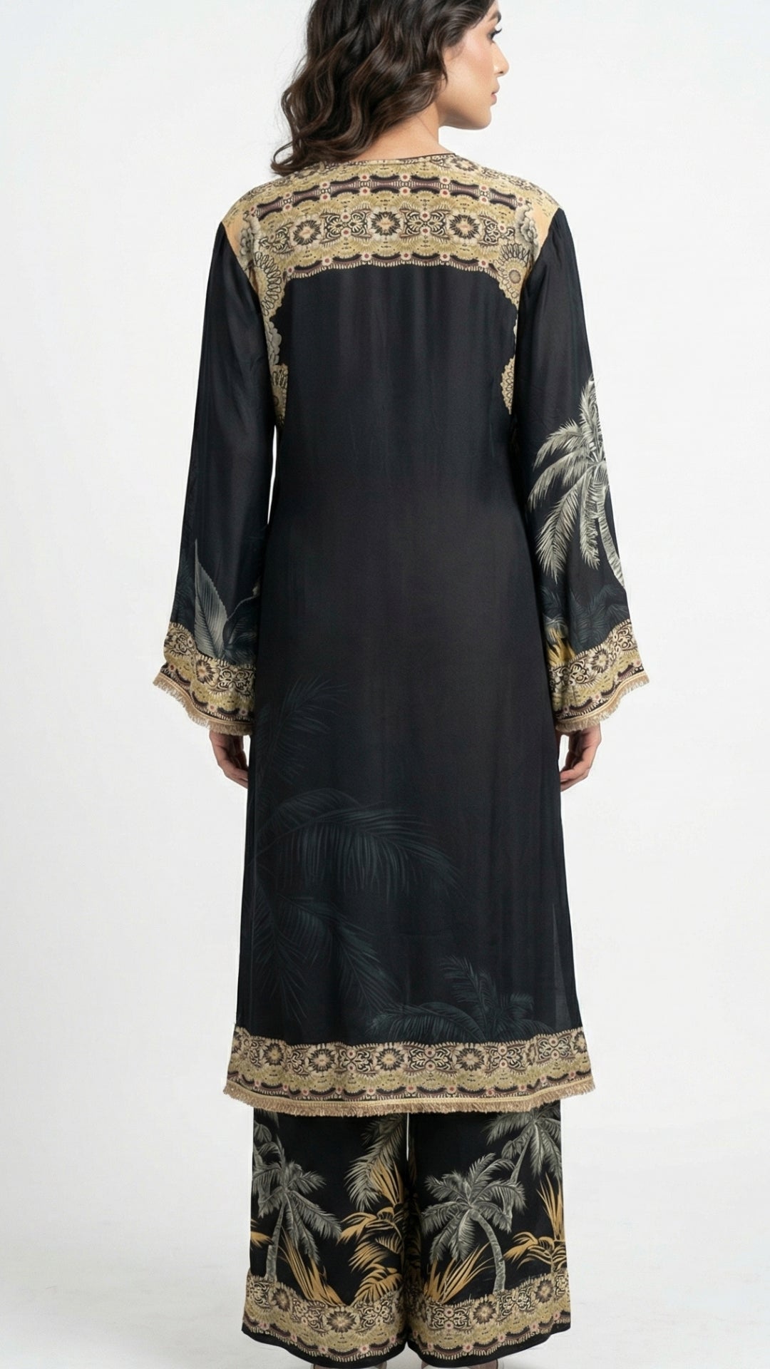 Black Crepe Coord Set with Intricate Digital Print, Mirror and Stone Work