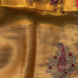 Mustard Brocade Saree Embellished With Zari & Cut Dana Work