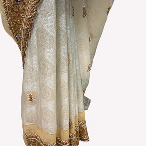 Ivory Tissue Unstitched Saree Embellished With Sequins, Moti, Stone & Cutdana Work
