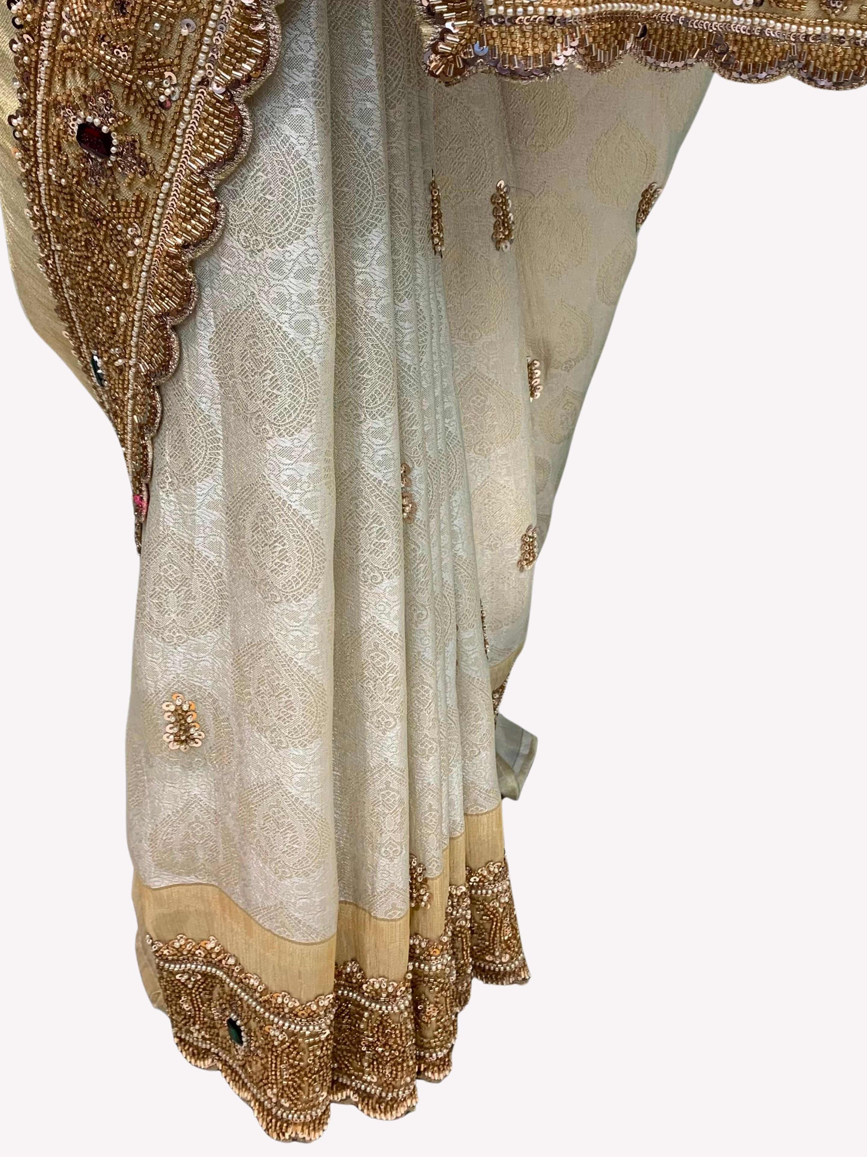Ivory Tissue Unstitched Saree Embellished With Sequins, Moti, Stone & Cutdana Work