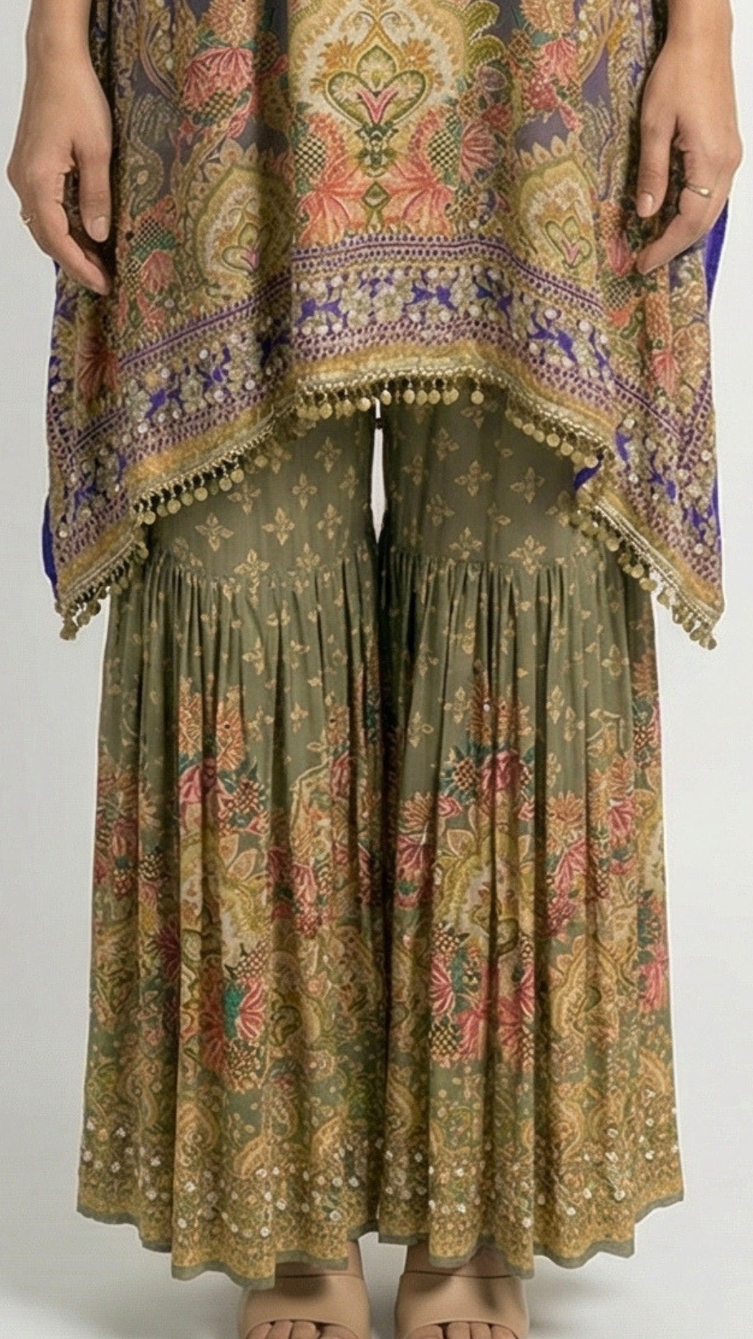 Purple Muslin Crepe Coord Set with Digital Print, Pearl & Mirror Detailing