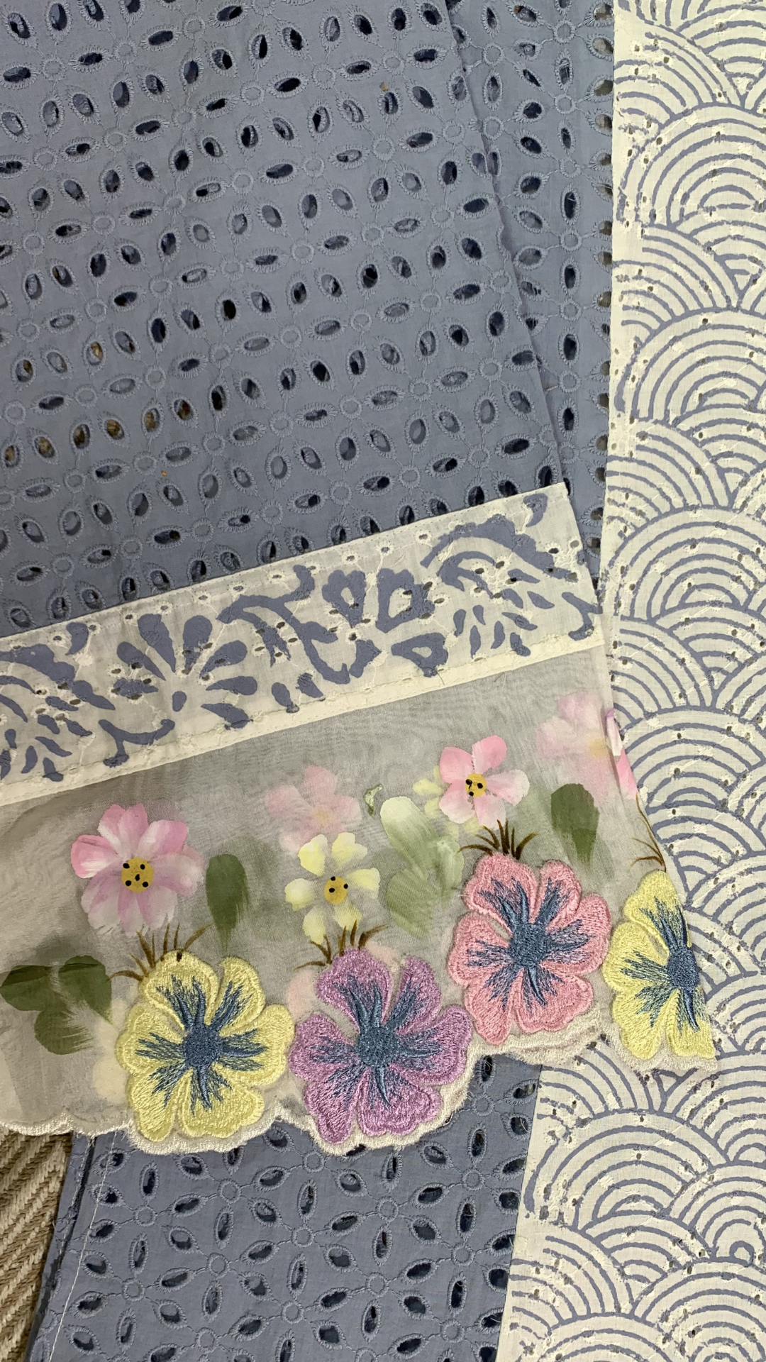 Blue Chikankari Semi Stitched Suit Digital Print Thread Work