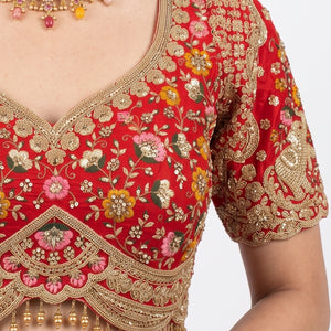 Red Silk Saree Embellished With Sequins, Zari & Cut Dana Work