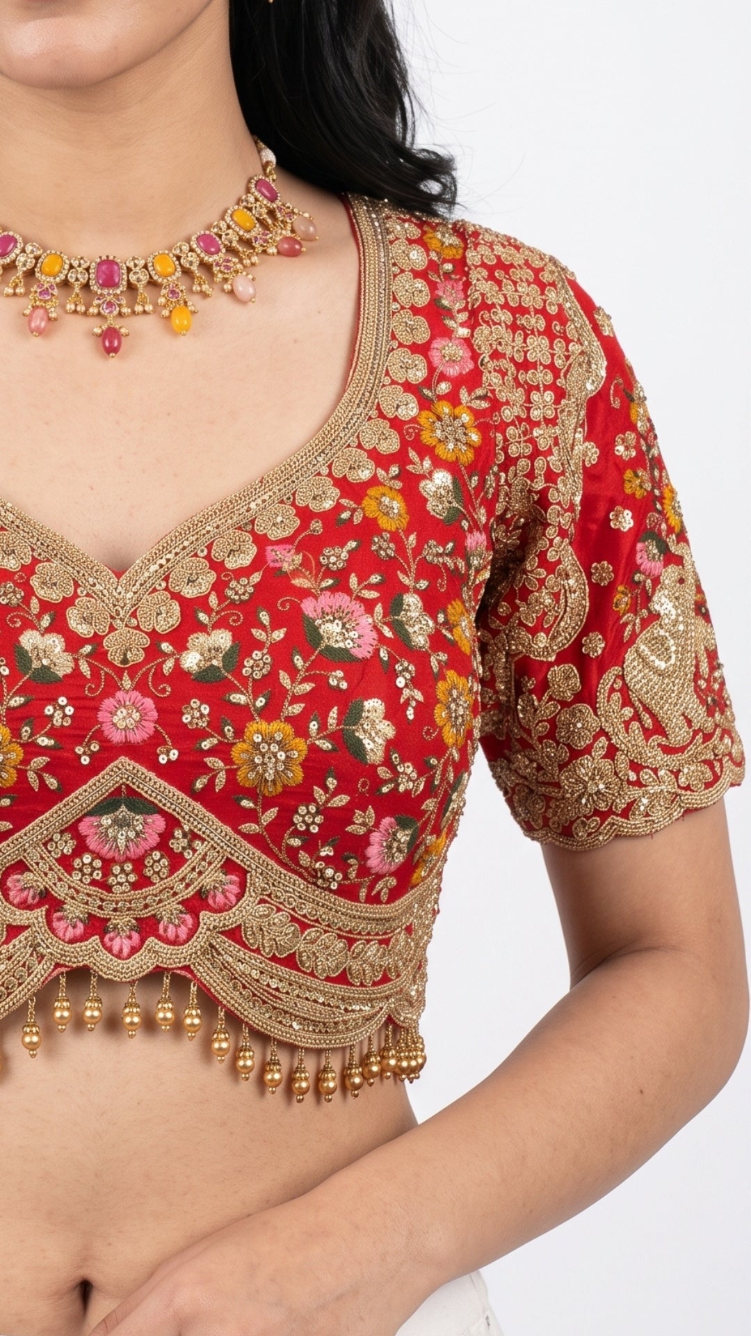 Red Silk Saree Embellished With Sequins, Zari & Cut Dana Work