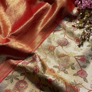 Rust Tissue Banarasi Unstitched Saree with Sequins & Cut Dana Work