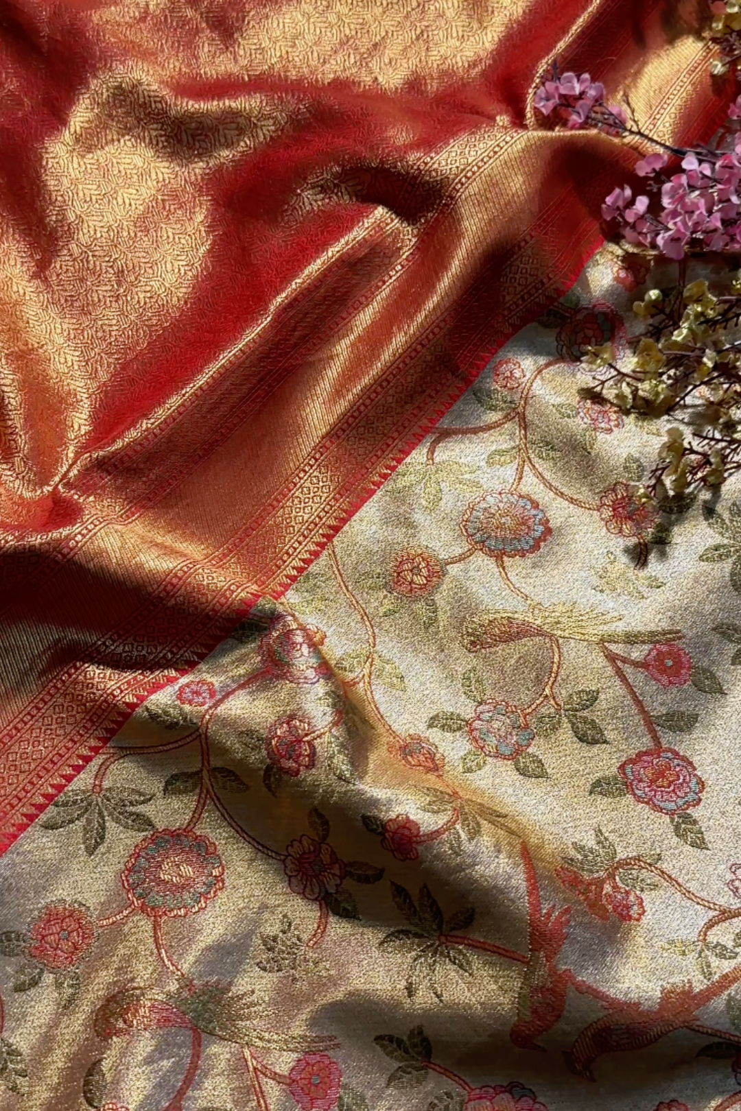 Rust Tissue Banarasi Unstitched Saree with Sequins & Cut Dana Work