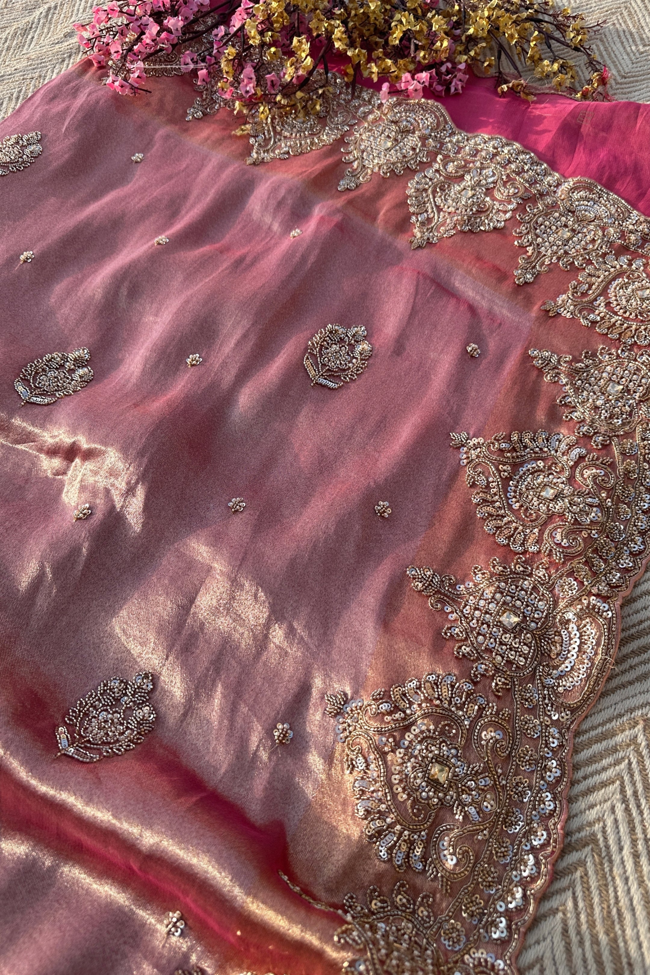 Mauve Tissue Unstitched Saree Embellished With Moti, Sequins & Cutdana