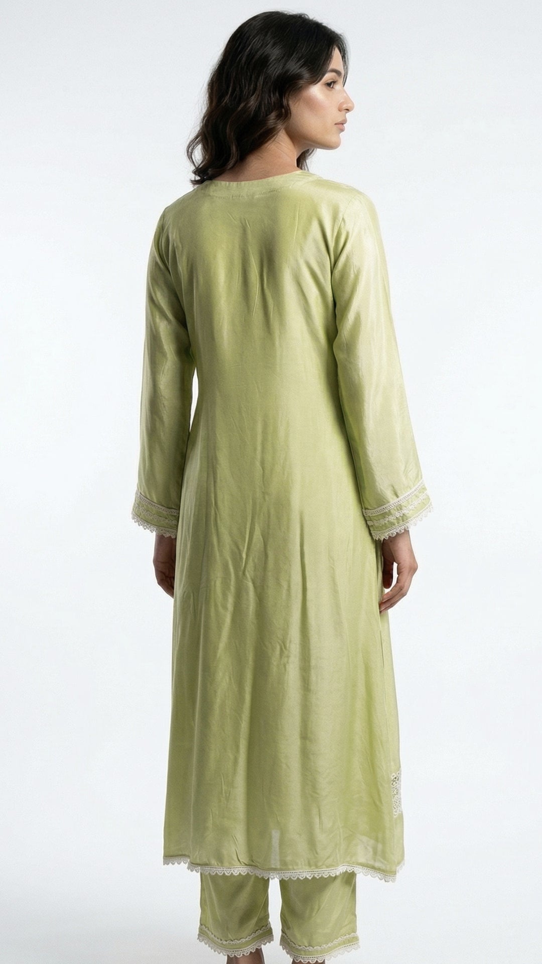 Green Muslin Cotton Suit Set with Mirror & Lace Detailing