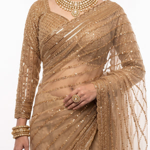 Golden Net Saree Crafted With Fine Cutdana & Sequins Highlights