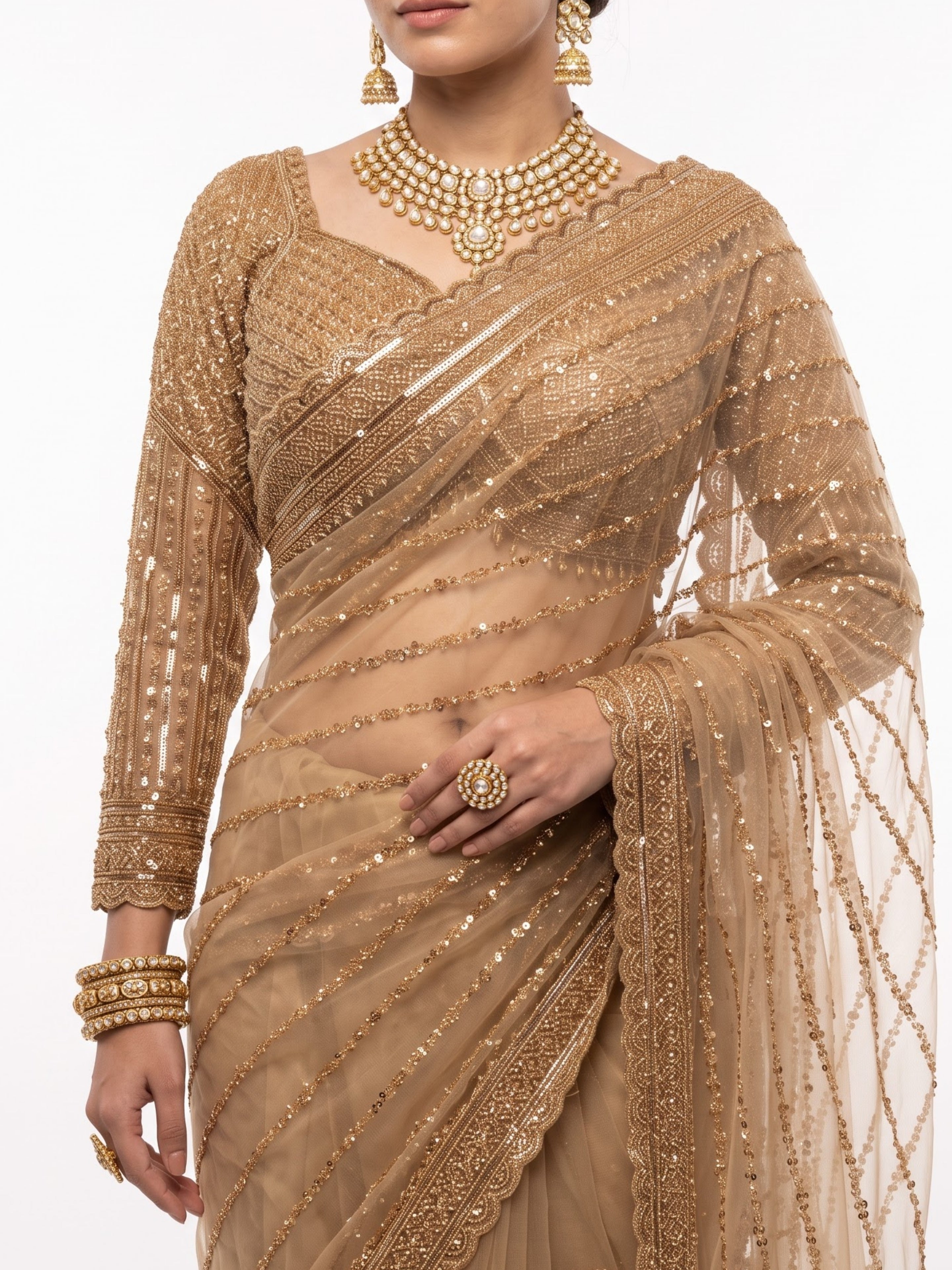 Golden Net Saree Crafted With Fine Cutdana & Sequins Highlights