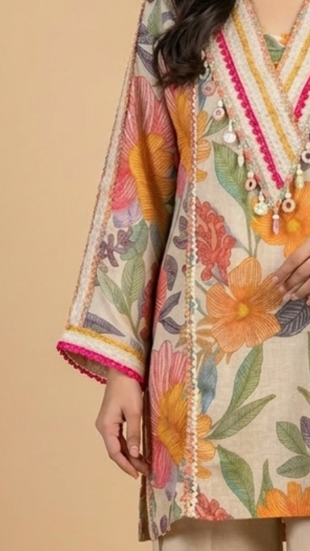 Cream Jute Coord Set with Multicolor Hand Print