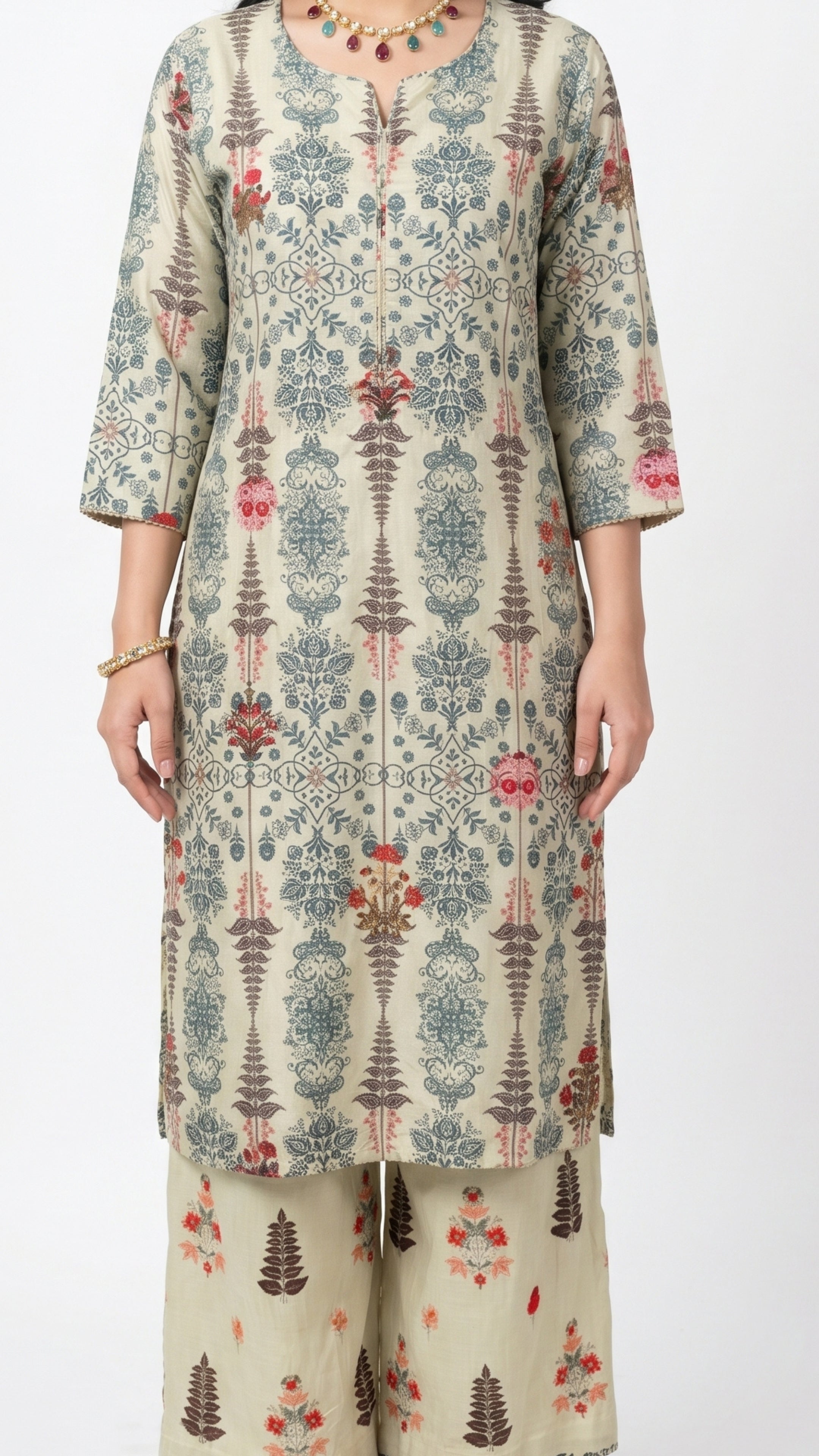 Mint Digital Printed Cotton Fabric Co-ord Set with Zari Work