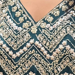 Peacock Green Crepe Indowestern Top,Bottom and Dupatta with Sequins and Cutdana Work