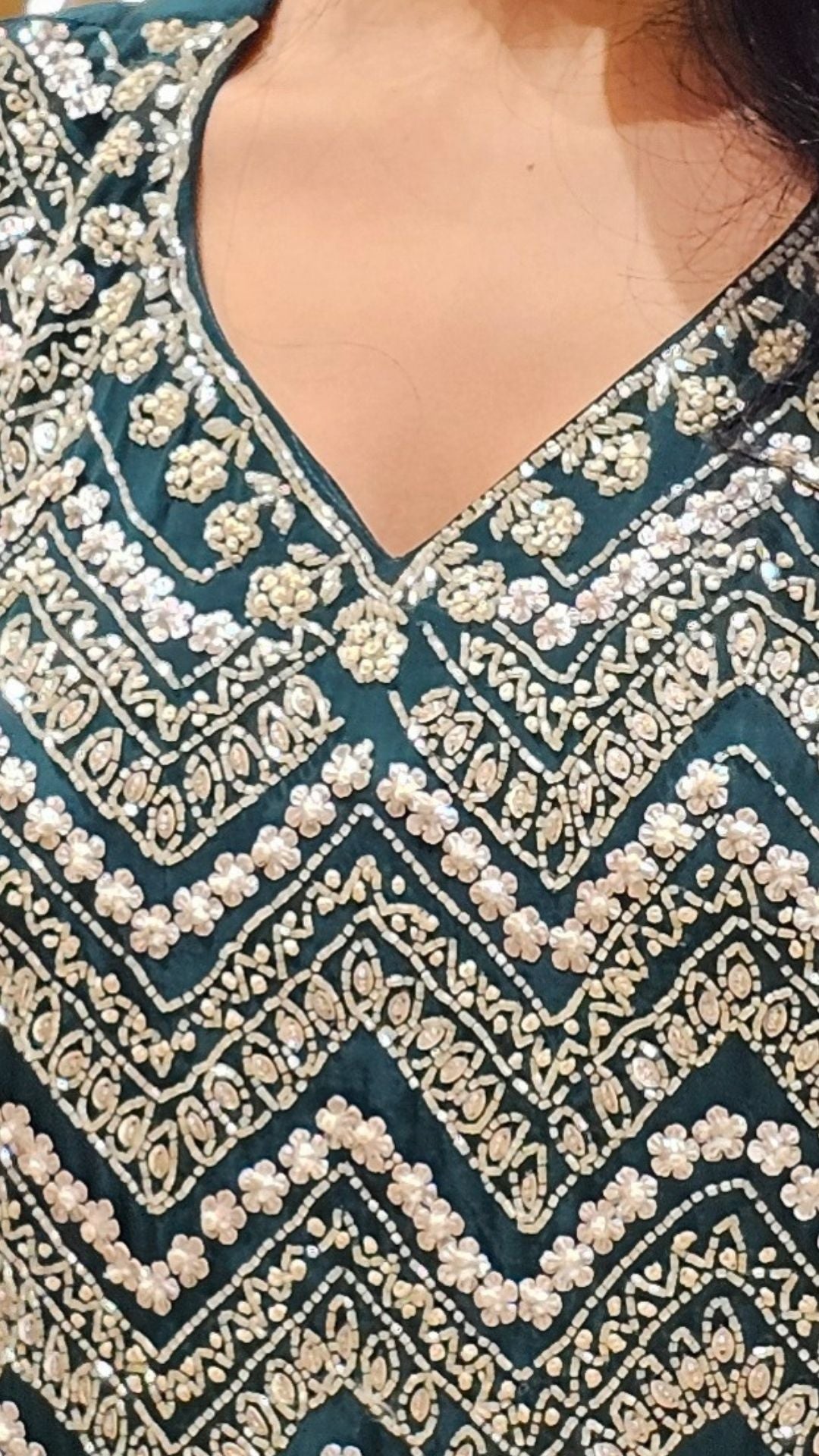 Peacock Green Crepe Indowestern Top,Bottom and Dupatta with Sequins and Cutdana Work