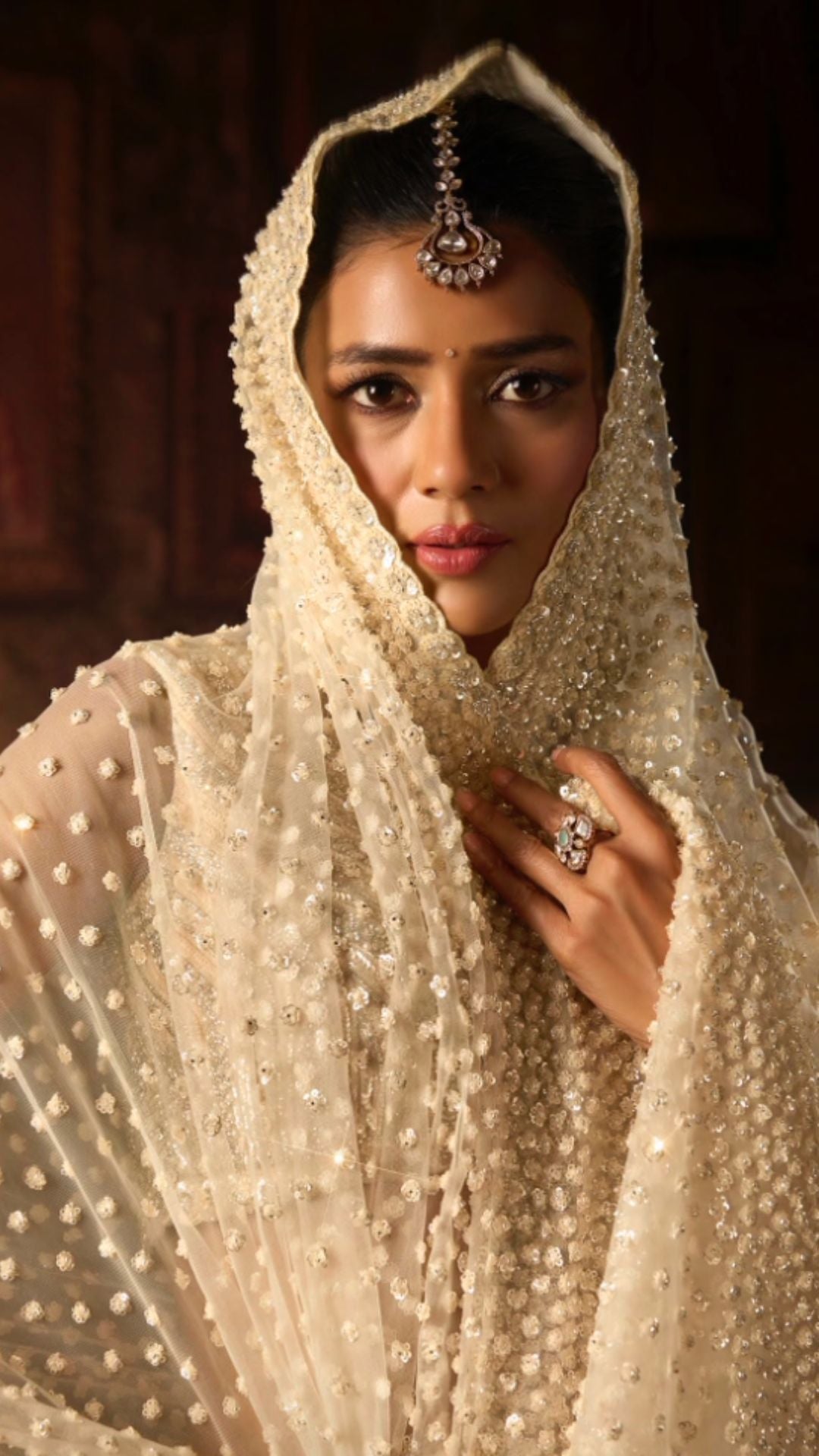 Cream Net Saree With Beads, Sequins and Moti Work