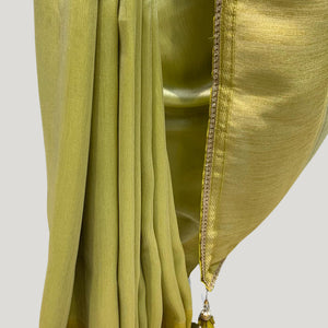 Lemon Green Silk Saree with Stitched Blouse and Zari, Cutdana & Sequins Work