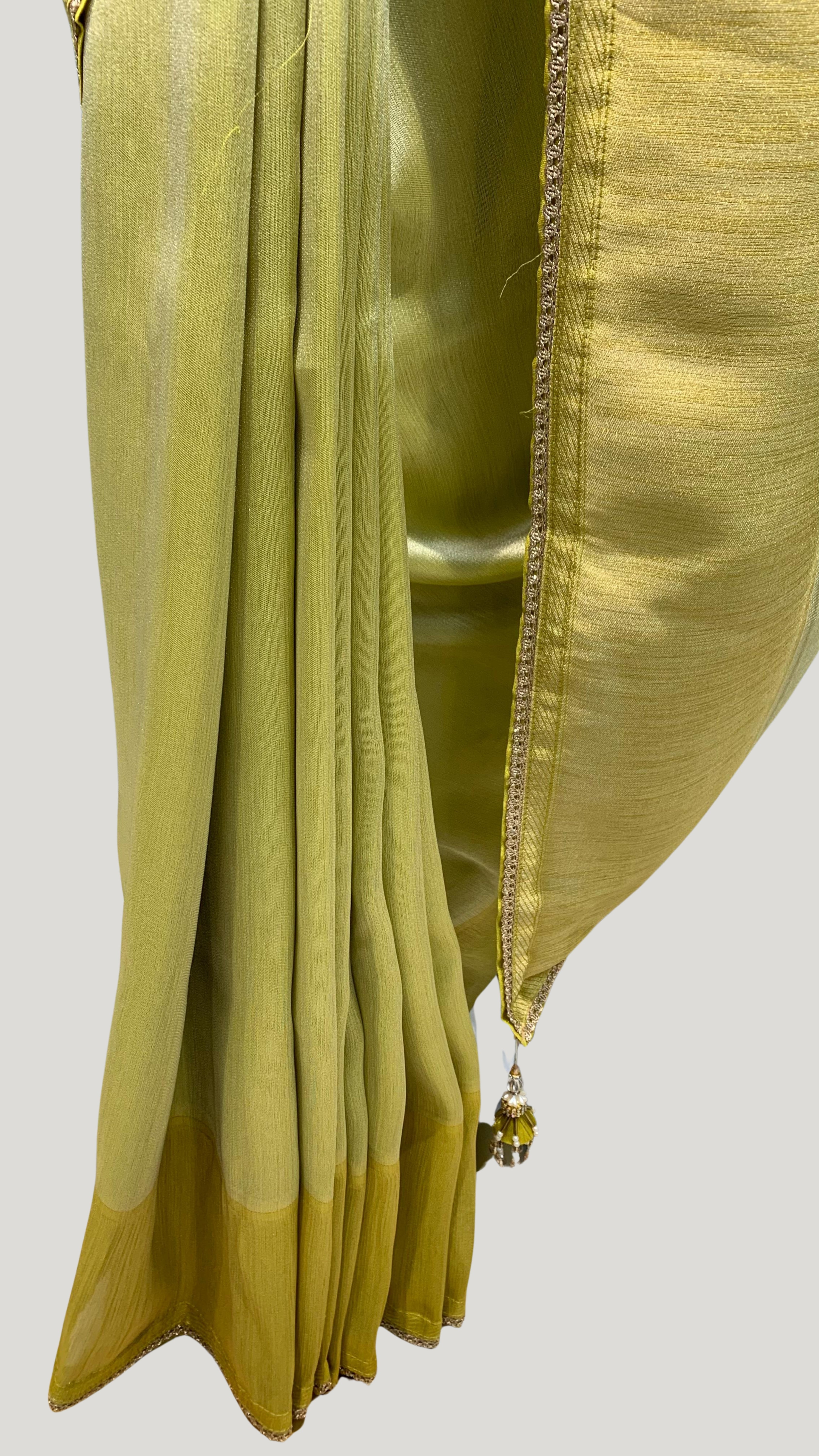 Lemon Green Silk Saree with Stitched Blouse and Zari, Cutdana & Sequins Work