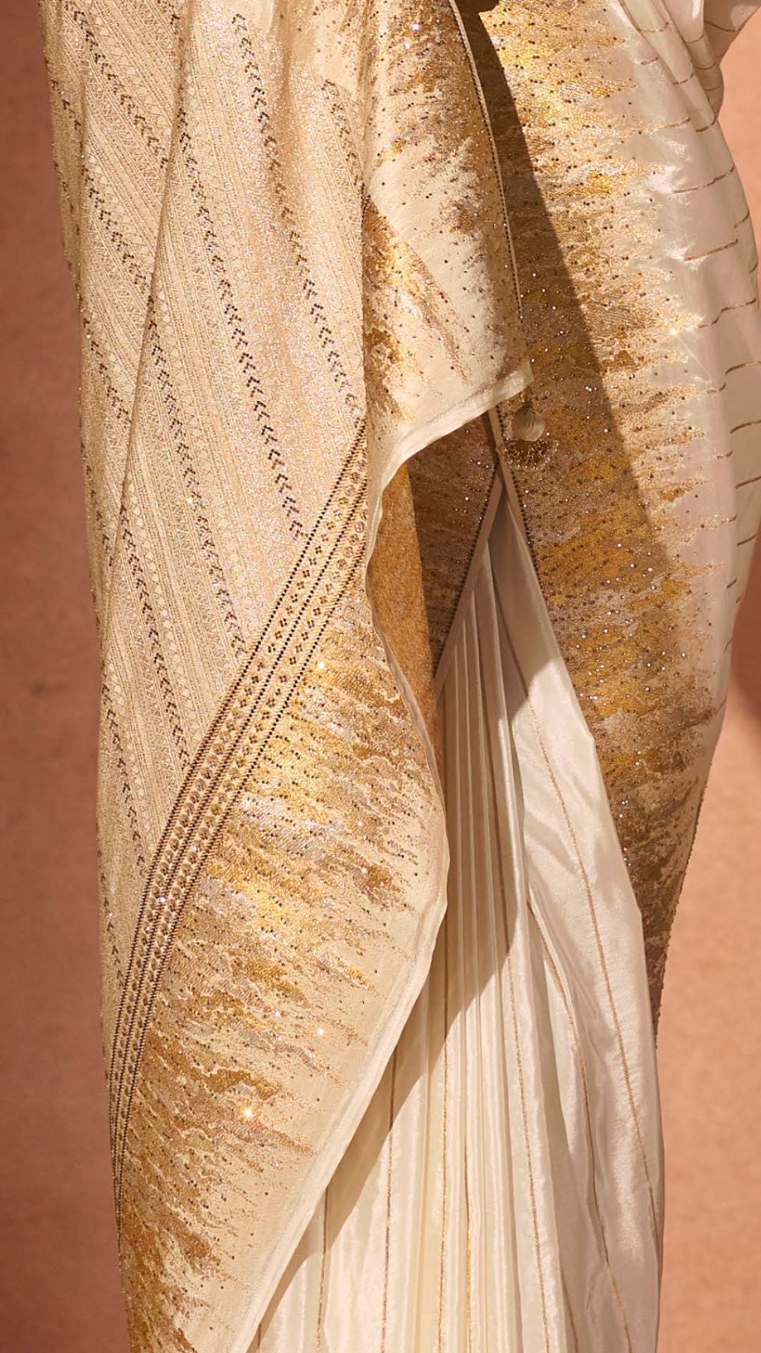 Cream Silk Satin Saree with Swarovski Work