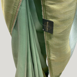 Sage Green Silk Saree with Stitched Blouse and Zari, Cutdana & Sequins Work