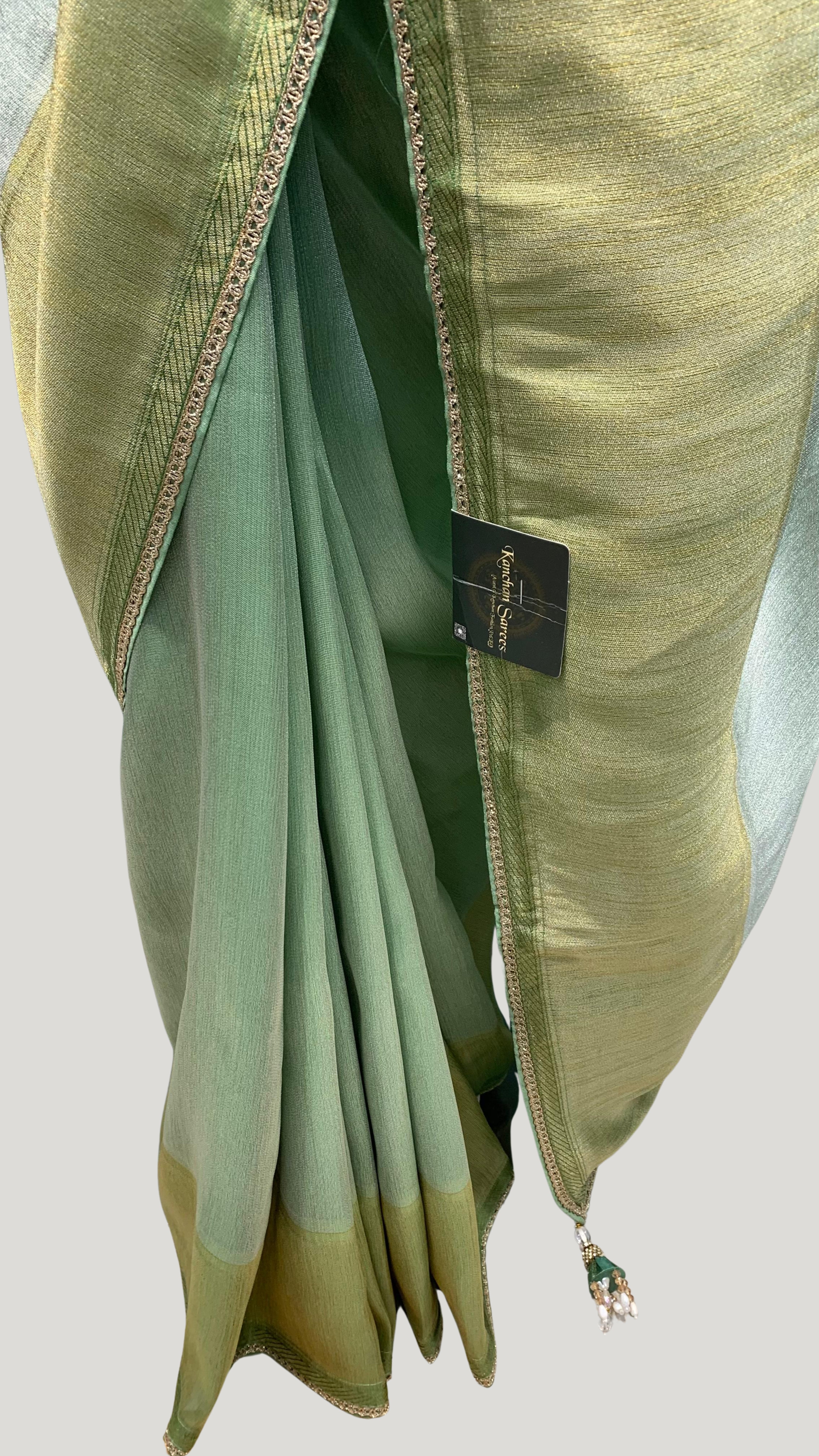 Sage Green Silk Saree with Stitched Blouse and Zari, Cutdana & Sequins Work
