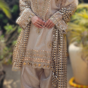 Beige Tissue Indo-Western with Dori, Zari, Gota Patti & Sipi Work