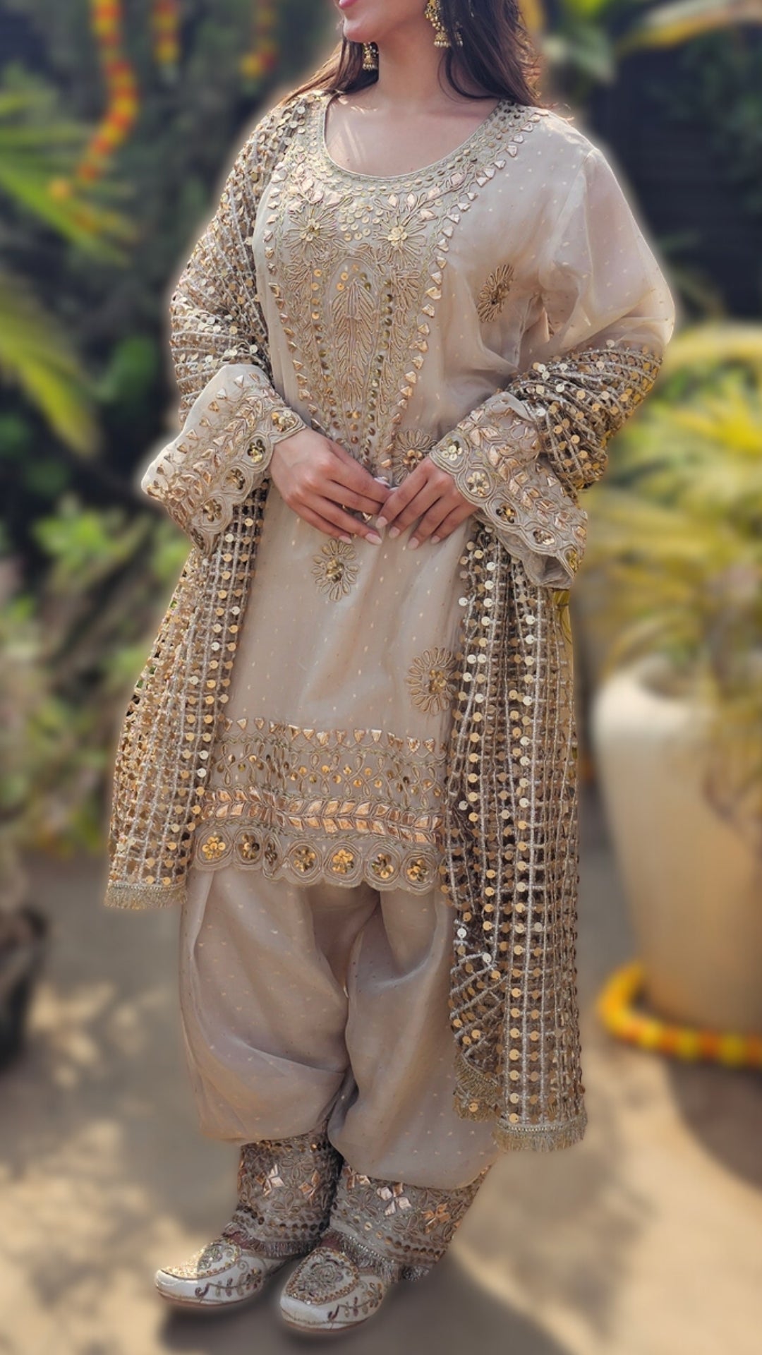 Beige Tissue Indo-Western with Dori, Zari, Gota Patti & Sipi Work