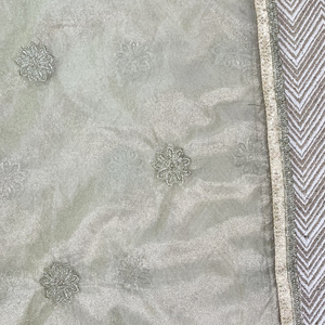 Beige Tissue Unstitched Suit  Thread Work With Zari Work and  Mirror Work