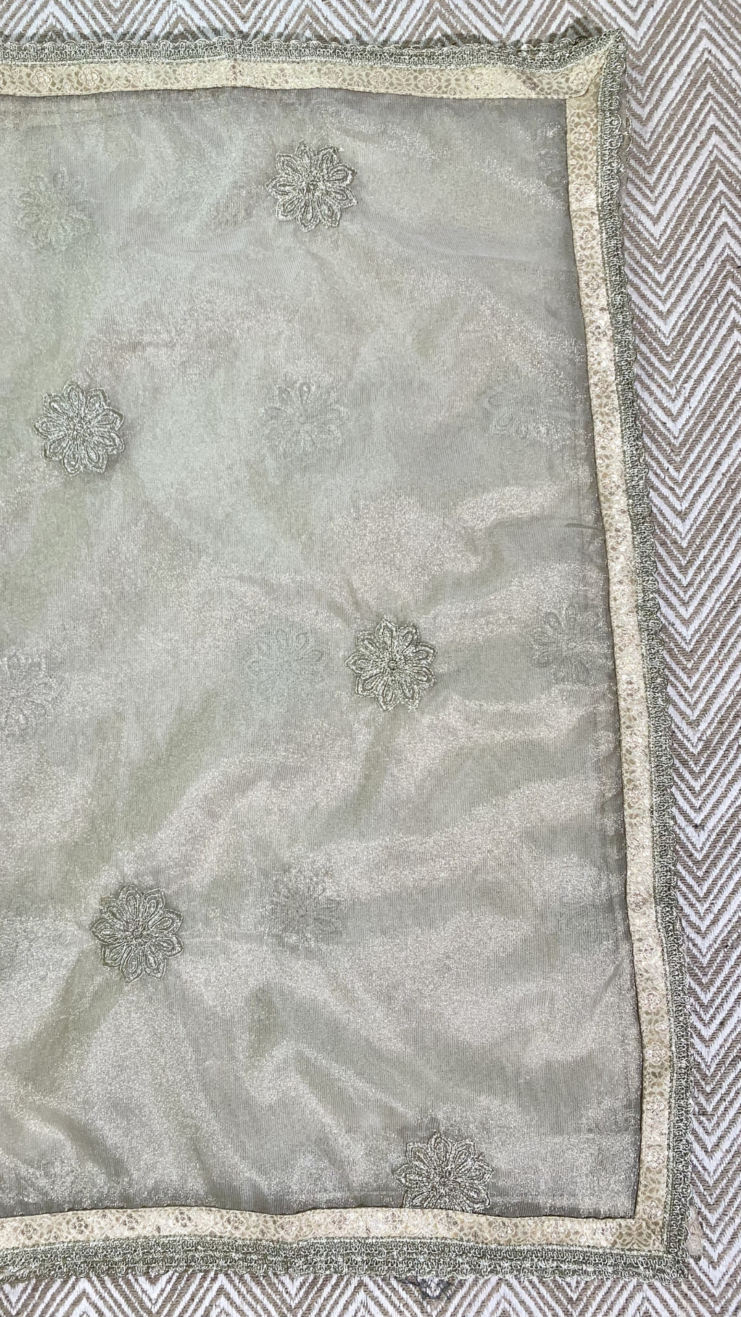 Beige Tissue Unstitched Suit  Thread Work With Zari Work and  Mirror Work