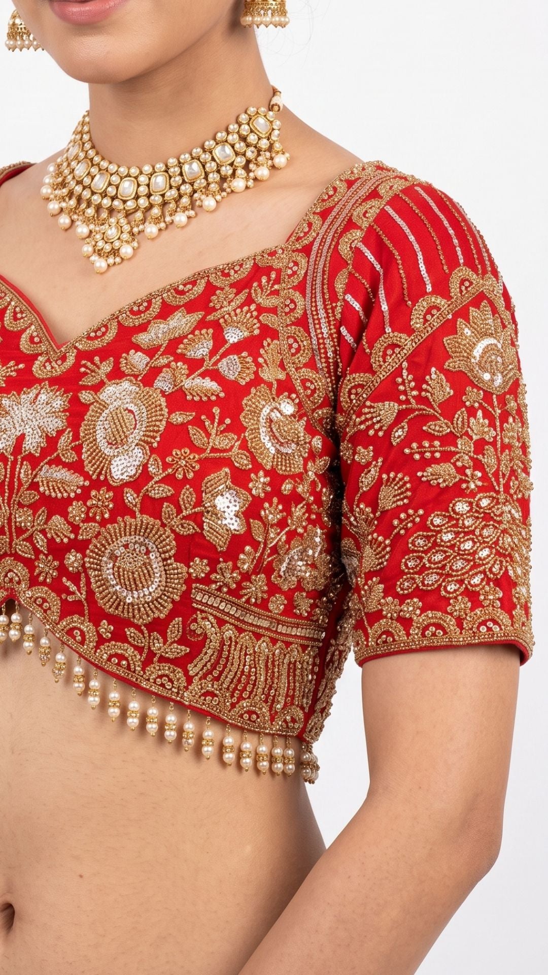 Beautiful Red Silk Saree Embellished With Sequins, Pearl & Cut Dana Work