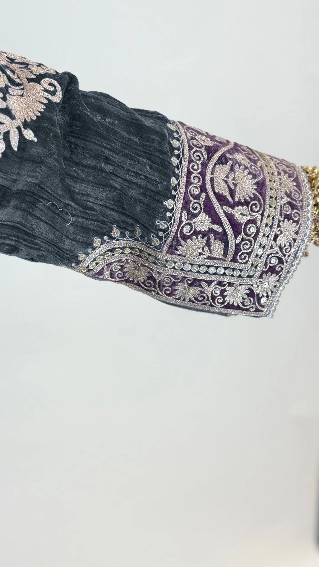 Charcoal Wrinkled Velvet Embroidered Top with Salwar