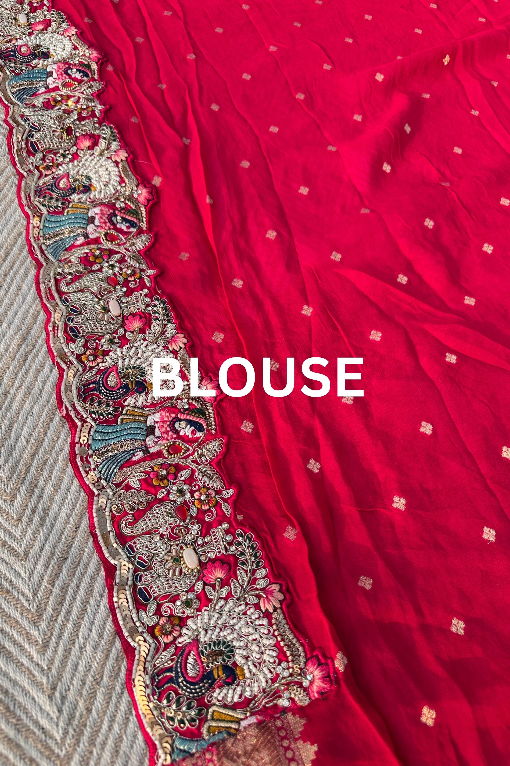 Red Georgette Unstitched Saree Embellished With Thread, Sequins, Zari, Moti & Cutdana work