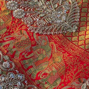 Red Rani Brocade Unstitched Saree Embellished With Sequins, Moti, Dabka & Cutdana Work